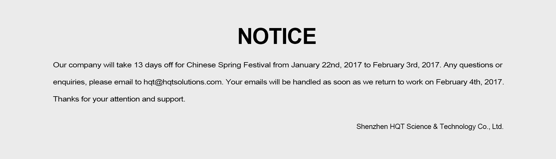 Notice of Holiday for Chinese Spring Festival